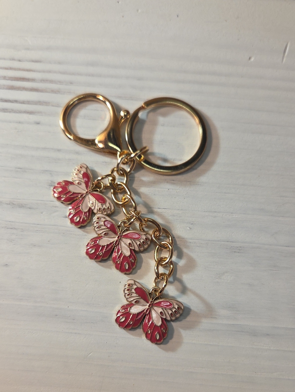 5 For 25 Gold Tone Keychain with Pink Butterfly Charms